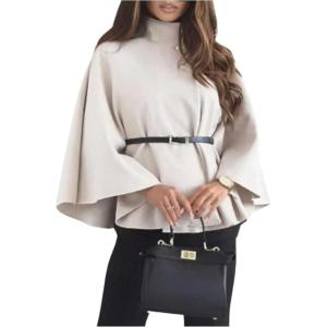 image:imageMakeMeChic Womens Poncho Pea Cape Coat Mock Neck 34 Sleeve Belted Business Jacket OuterwearApricot
