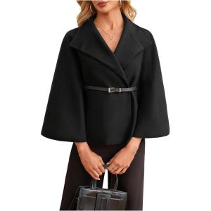 image:imageMakeMeChic Womens Poncho Pea Cape Coat Mock Neck 34 Sleeve Belted Business Jacket OuterwearBlack
