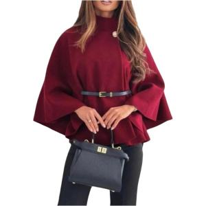 image:imageMakeMeChic Womens Poncho Pea Cape Coat Mock Neck 34 Sleeve Belted Business Jacket OuterwearRed