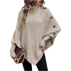 image:imageMakeMeChic Womens Poncho Sweater Asymmetrical Turtleneck Knit Pullover Sweater Button Oversized Long Sleeve PonchoApricot