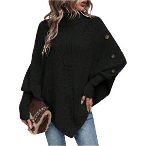 image:imageMakeMeChic Womens Poncho Sweater Asymmetrical Turtleneck Knit Pullover Sweater Button Oversized Long Sleeve PonchoBlack