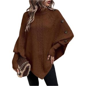 image:imageMakeMeChic Womens Poncho Sweater Asymmetrical Turtleneck Knit Pullover Sweater Button Oversized Long Sleeve PonchoBrown