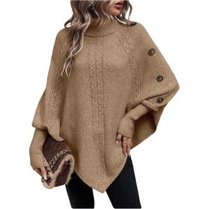 image:imageMakeMeChic Womens Poncho Sweater Asymmetrical Turtleneck Knit Pullover Sweater Button Oversized Long Sleeve PonchoBrown a