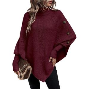 image:imageMakeMeChic Womens Poncho Sweater Asymmetrical Turtleneck Knit Pullover Sweater Button Oversized Long Sleeve PonchoBurgundy