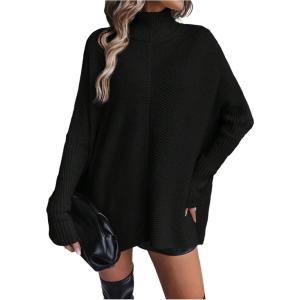 image:imageMakeMeChic Womens Poncho Sweater Asymmetrical Turtleneck Knit Pullover Sweater Button Oversized Long Sleeve PonchoDark Black