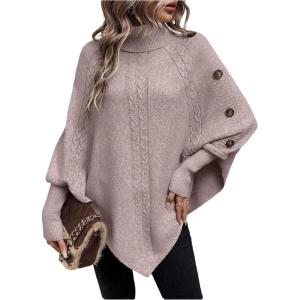 image:imageMakeMeChic Womens Poncho Sweater Asymmetrical Turtleneck Knit Pullover Sweater Button Oversized Long Sleeve PonchoDusty Pink