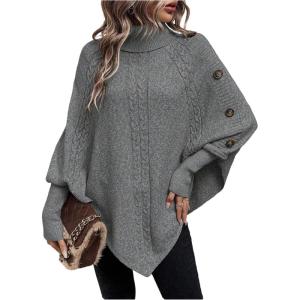 image:imageMakeMeChic Womens Poncho Sweater Asymmetrical Turtleneck Knit Pullover Sweater Button Oversized Long Sleeve PonchoGrey