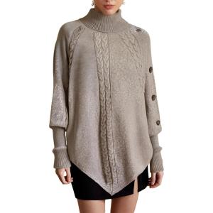 image:imageMakeMeChic Womens Poncho Sweater Asymmetrical Turtleneck Knit Pullover Sweater Button Oversized Long Sleeve PonchoKhaki
