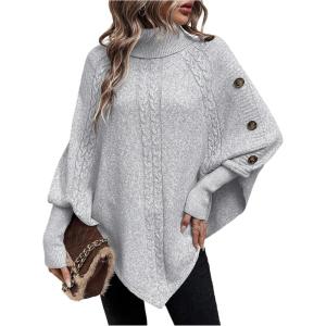 image:imageMakeMeChic Womens Poncho Sweater Asymmetrical Turtleneck Knit Pullover Sweater Button Oversized Long Sleeve PonchoLight Grey