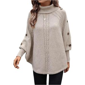 image:imageMakeMeChic Womens Poncho Sweater Asymmetrical Turtleneck Knit Pullover Sweater Button Oversized Long Sleeve PonchoLight Khaki