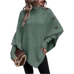 image:imageMakeMeChic Womens Poncho Sweater Asymmetrical Turtleneck Knit Pullover Sweater Button Oversized Long Sleeve PonchoOlive Green