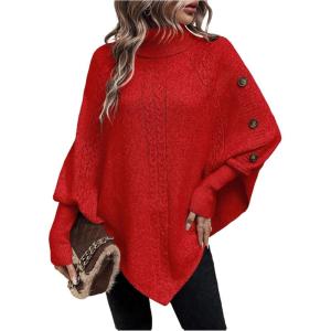 image:imageMakeMeChic Womens Poncho Sweater Asymmetrical Turtleneck Knit Pullover Sweater Button Oversized Long Sleeve PonchoRed