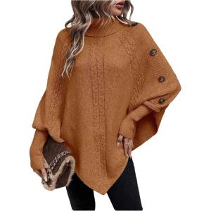 image:imageMakeMeChic Womens Poncho Sweater Asymmetrical Turtleneck Knit Pullover Sweater Button Oversized Long Sleeve PonchoRust Brown