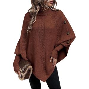 image:imageMakeMeChic Womens Poncho Sweater Asymmetrical Turtleneck Knit Pullover Sweater Button Oversized Long Sleeve PonchoRust Brown a