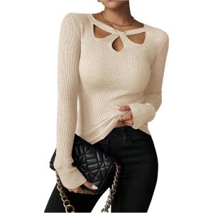 image:imageMakeMeChic Womens Ribbed Knit Top Cutout Twist Neck Long Sleeve Pullover SweaterBeige