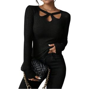 image:imageMakeMeChic Womens Ribbed Knit Top Cutout Twist Neck Long Sleeve Pullover SweaterBlack