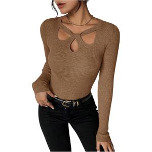 image:imageMakeMeChic Womens Ribbed Knit Top Cutout Twist Neck Long Sleeve Pullover SweaterKhaki