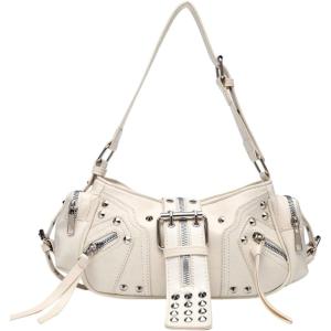 image:imageMakeMeChic Womens Rivet Shoulder Bag PU Leather Buckle Y2K Punk Vintage Tote Bag HandbagsBeige