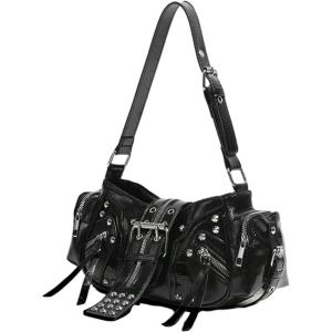 image:imageMakeMeChic Womens Rivet Shoulder Bag PU Leather Buckle Y2K Punk Vintage Tote Bag HandbagsBlack