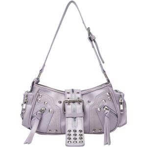 image:imageMakeMeChic Womens Rivet Shoulder Bag PU Leather Buckle Y2K Punk Vintage Tote Bag HandbagsPurple