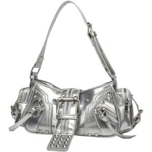 image:imageMakeMeChic Womens Rivet Shoulder Bag PU Leather Buckle Y2K Punk Vintage Tote Bag HandbagsSilver