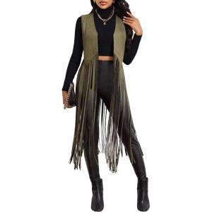 image:imageMakeMeChic Womens Rivet Suede Tassel Sleeveless Vest Jacket Open Front Cowboy Chic Fringe Vest OuterwearGreen