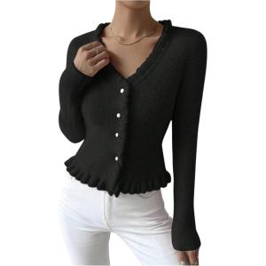image:imageMakeMeChic Womens Ruffle Sweater Fall Cardigans V Neck Button Down Long Sleeve Cropped CardiganBlack