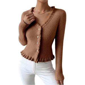 image:imageMakeMeChic Womens Ruffle Sweater Fall Cardigans V Neck Button Down Long Sleeve Cropped CardiganRust Brown
