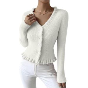 image:imageMakeMeChic Womens Ruffle Sweater Fall Cardigans V Neck Button Down Long Sleeve Cropped CardiganWhite