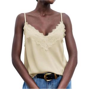 image:imageMakeMeChic Womens Satin Lace Tops Deep V Neck Spaghetti Strap Camisole Going Out TopsApricot