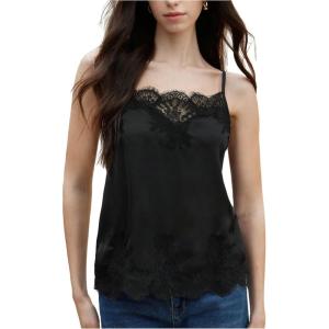 image:imageMakeMeChic Womens Satin Lace Tops Deep V Neck Spaghetti Strap Camisole Going Out TopsBlack B