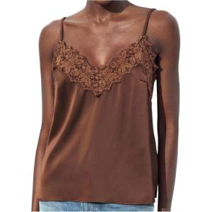 image:imageMakeMeChic Womens Satin Lace Tops Deep V Neck Spaghetti Strap Camisole Going Out TopsBrown