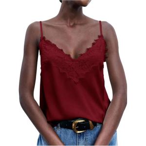 image:imageMakeMeChic Womens Satin Lace Tops Deep V Neck Spaghetti Strap Camisole Going Out TopsBurgundy