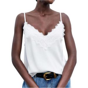 image:imageMakeMeChic Womens Satin Lace Tops Deep V Neck Spaghetti Strap Camisole Going Out TopsWhite
