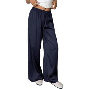 image:imageMakeMeChic Womens Satin Pants Drawstring Waist Straight Leg Chocolate Brown Silk Lounge PantsBlue