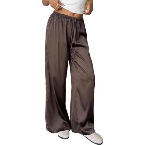 image:imageMakeMeChic Womens Satin Pants Drawstring Waist Straight Leg Chocolate Brown Silk Lounge PantsBrown