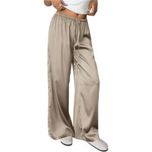 image:imageMakeMeChic Womens Satin Pants Drawstring Waist Straight Leg Chocolate Brown Silk Lounge PantsKhaki