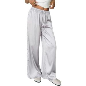 image:imageMakeMeChic Womens Satin Pants Drawstring Waist Straight Leg Chocolate Brown Silk Lounge PantsMauve Purple