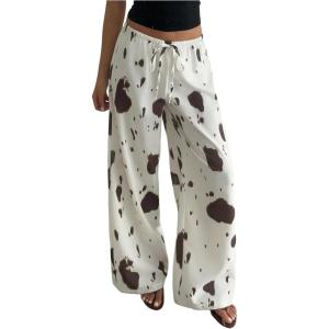 image:imageMakeMeChic Womens Satin Pants Drawstring Waist Straight Leg Chocolate Brown Silk Lounge PantsMulticolor Cow