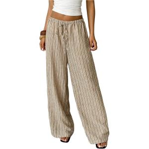 image:imageMakeMeChic Womens Satin Pants Drawstring Waist Straight Leg Chocolate Brown Silk Lounge PantsMulticolor Striped