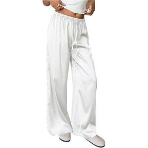 image:imageMakeMeChic Womens Satin Pants Drawstring Waist Straight Leg Chocolate Brown Silk Lounge PantsWhite