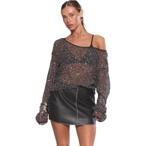 image:imageMakeMeChic Womens Sequin Crochet Sheer T Shirt Swimsuit Cover Up Beach Hollow Out Long Sleeve TopsBlack