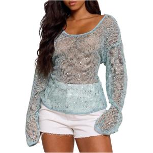 image:imageMakeMeChic Womens Sequin Crochet Sheer T Shirt Swimsuit Cover Up Beach Hollow Out Long Sleeve TopsBlue