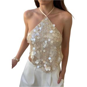 image:imageMakeMeChic Womens Sequin Halter Tops Sparkly Backless Sexy Cute Summer Camisole TopApricot