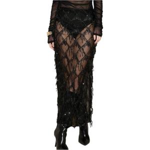 image:imageMakeMeChic Womens Sequin Midi Skirts Sheer Fringe Glitter Sparkly Party Club Cover Up Pencil SkirtsBlack