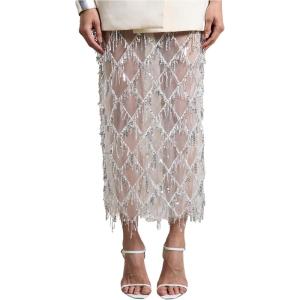 image:imageMakeMeChic Womens Sequin Midi Skirts Sheer Fringe Glitter Sparkly Party Club Cover Up Pencil SkirtsWhite