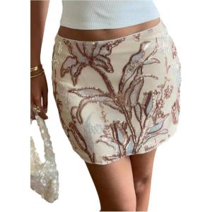 image:imageMakeMeChic Womens Sequin Mini Skirt Floral Bodycon Glitter Summer Y2K Party Short SkirtsApricot