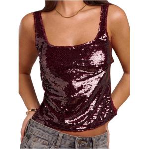 image:imageMakeMeChic Womens Sequin Sleeveless Tank Sparkly Square Neck Club Party TopsBurgundy