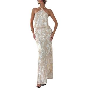image:imageMakeMeChic Womens Sequin Sparkly Halter Crop Tops Tie Backless Fitted Tank ClubwearBeige