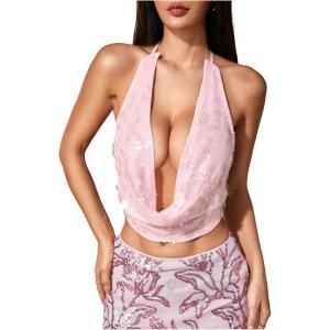 image:imageMakeMeChic Womens Sequin Sparkly Halter Tops Open Back Draped Front Party Club Festival Rave TopPink